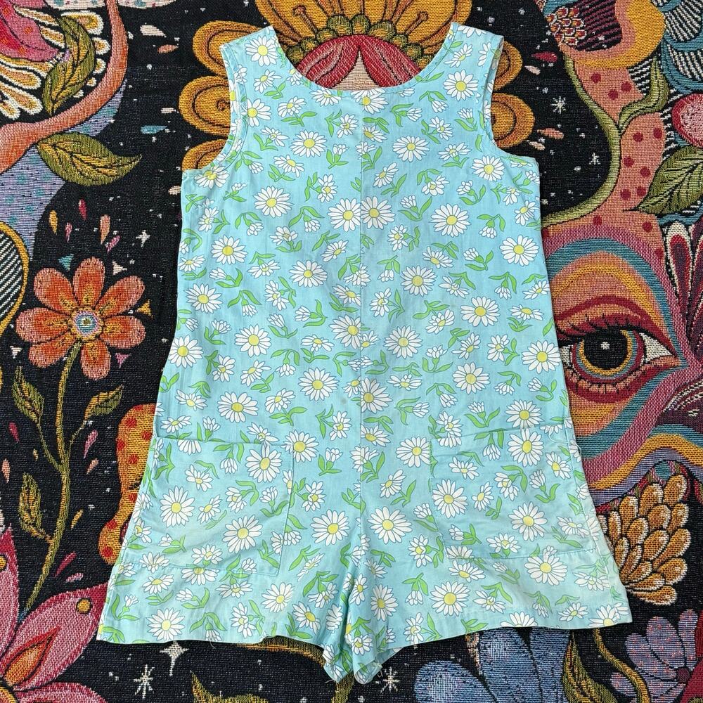 Vintage 60s 70s Floral Daisy Romper Playsuit Mod Retro Hippie Flower Power XS